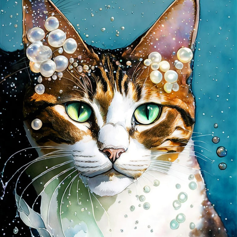 Vibrant close-up cat illustration with green eyes and bubbles on blue background