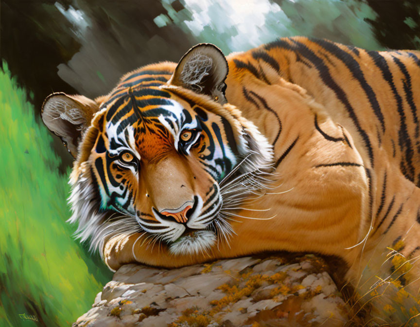 Majestic tiger resting in lush green foliage