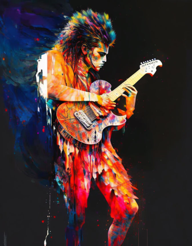 Colorful Artwork: Guitarist Playing with Dynamic Paint Streaks