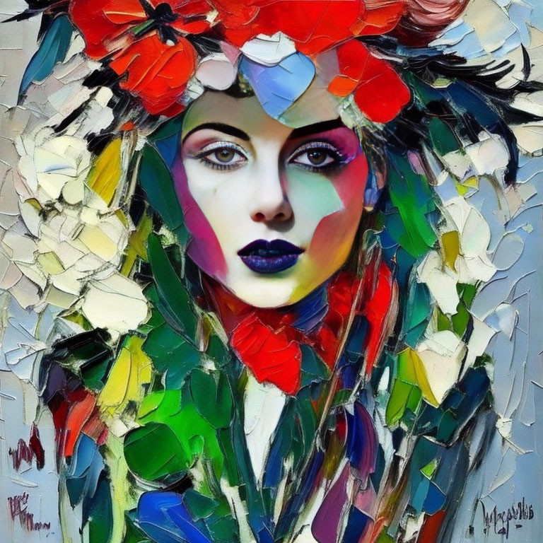 Colorful Textured Painting of Woman's Face with Bold Makeup and Abstract Floral Elements