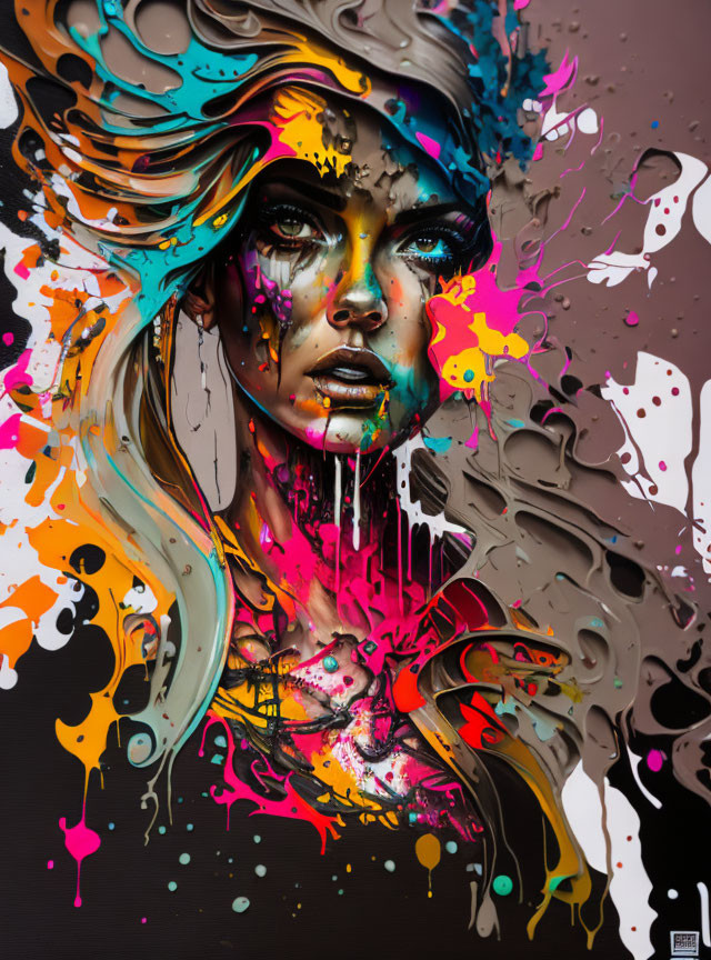 Colorful Abstract Portrait of Woman's Face in Blue, Orange, Brown, and Pink