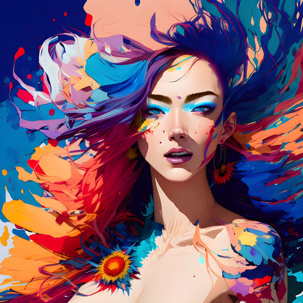 Colorful digital portrait of a woman with multicolored hair and artistic splash effects.