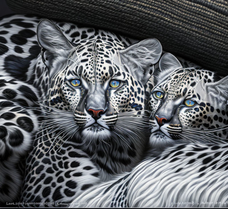 Hyper-realistic digital artwork of two leopards with intricate fur patterns and blue eyes