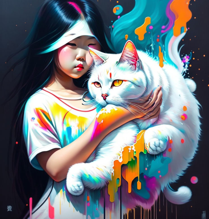 Blindfolded girl with white cat in colorful setting