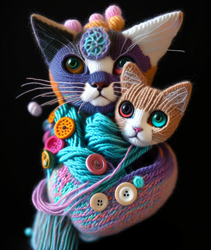 Colorful whimsical cats with buttons and yarn on dark backdrop