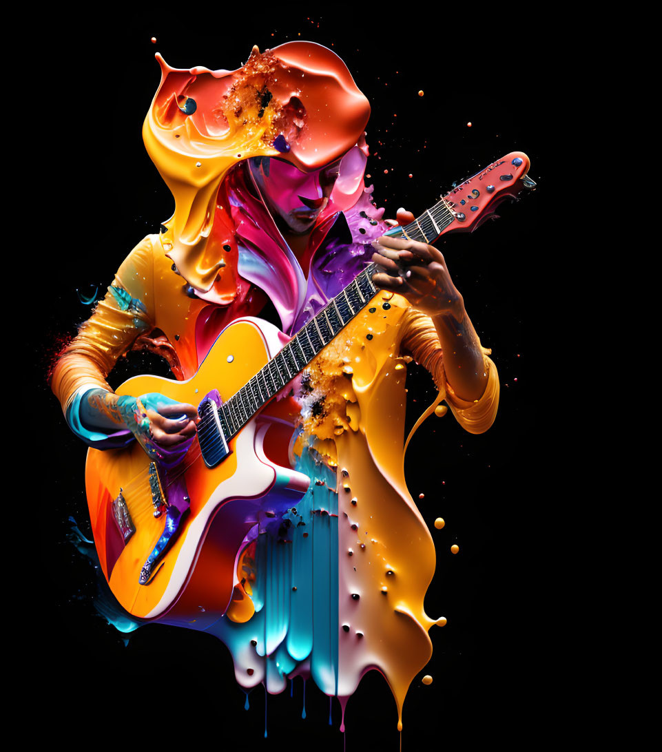 Vibrant guitarist artwork with flowing paint splashes