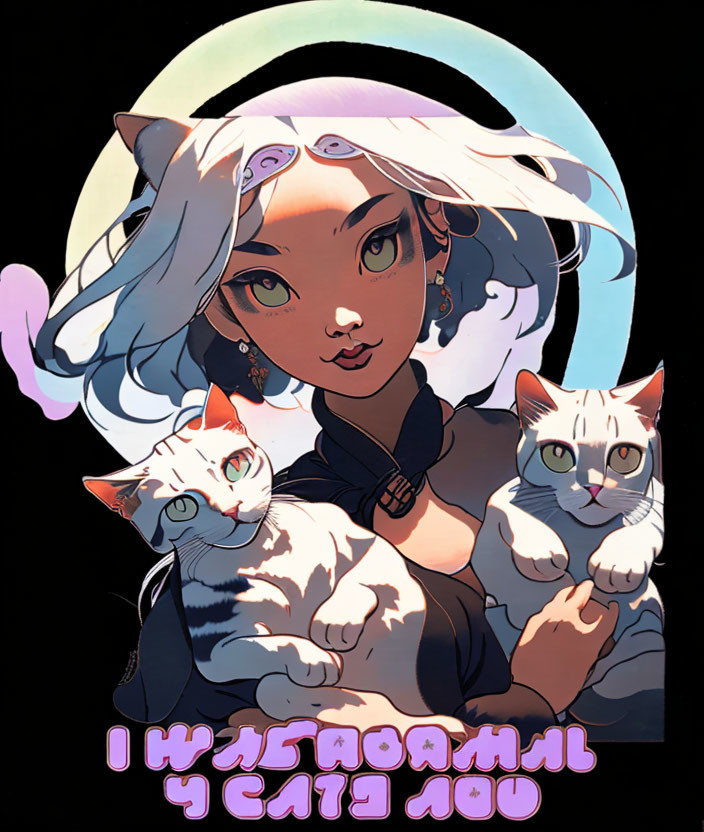 Illustrated female character with cat-like features holding white cats under a full moon.