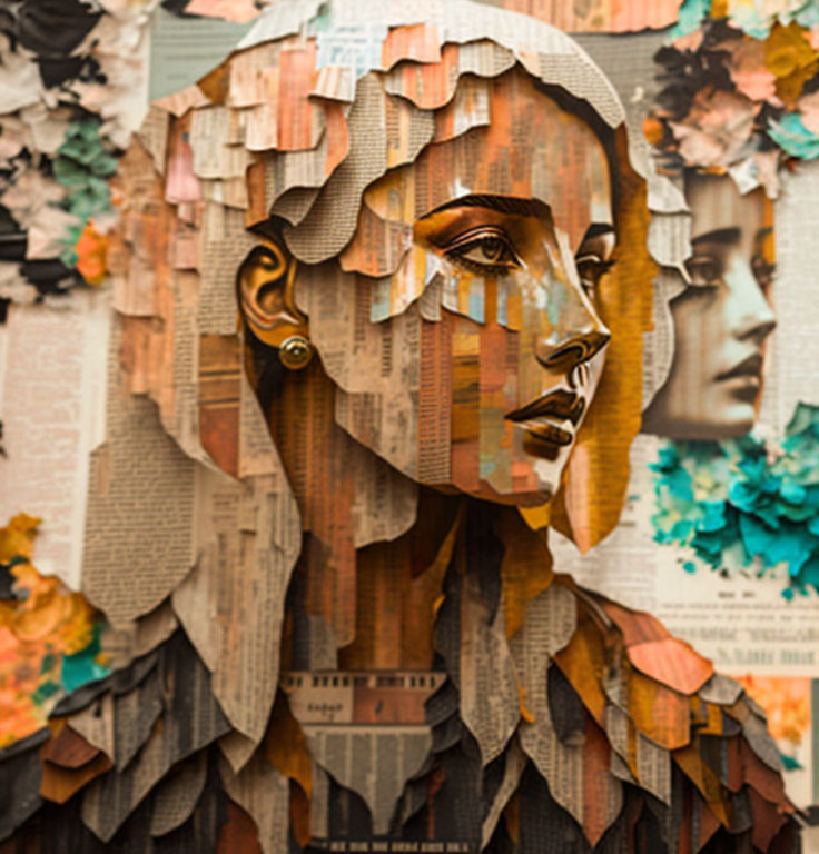 Mixed media collage featuring woman's face and floral patterns