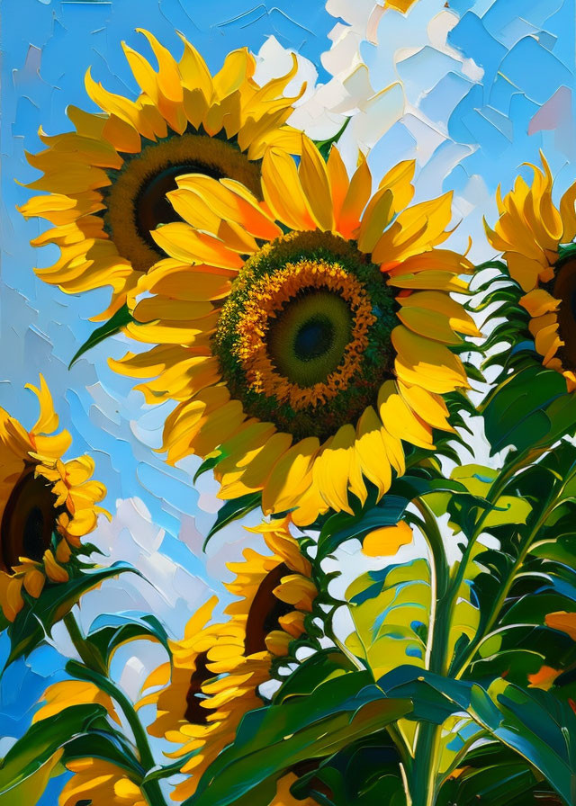 Vibrant yellow sunflowers against blue sky with textured brushstrokes