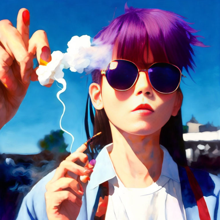 Purple-haired person exhales smoke pulled by hand with red nails