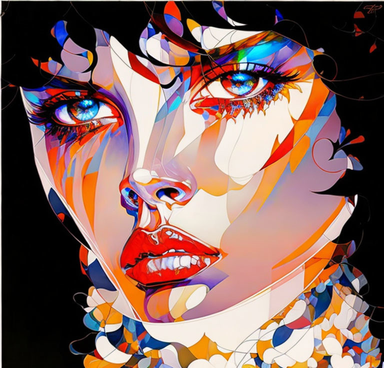 Colorful abstract portrait of woman with blue eyes on black background