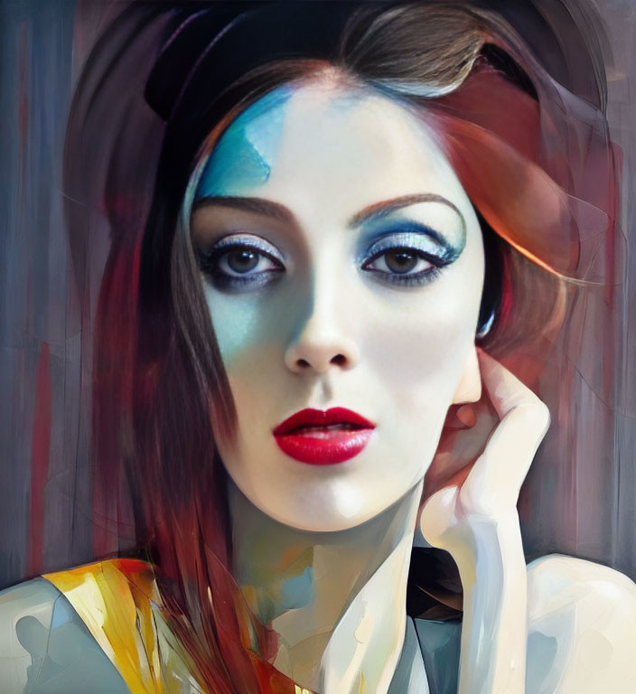 Stylized portrait of woman with blue eyeshadow and red lipstick