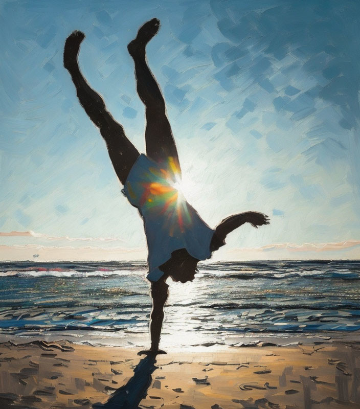 Silhouette of person handstanding at beach sunset