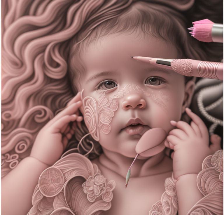 Child portrait with intricate facial patterns and pink brush strokes in digital art