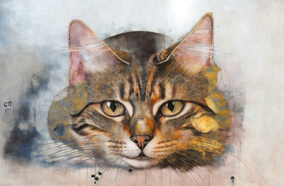 Digital artwork: Cat face merged with abstract textures on gray background