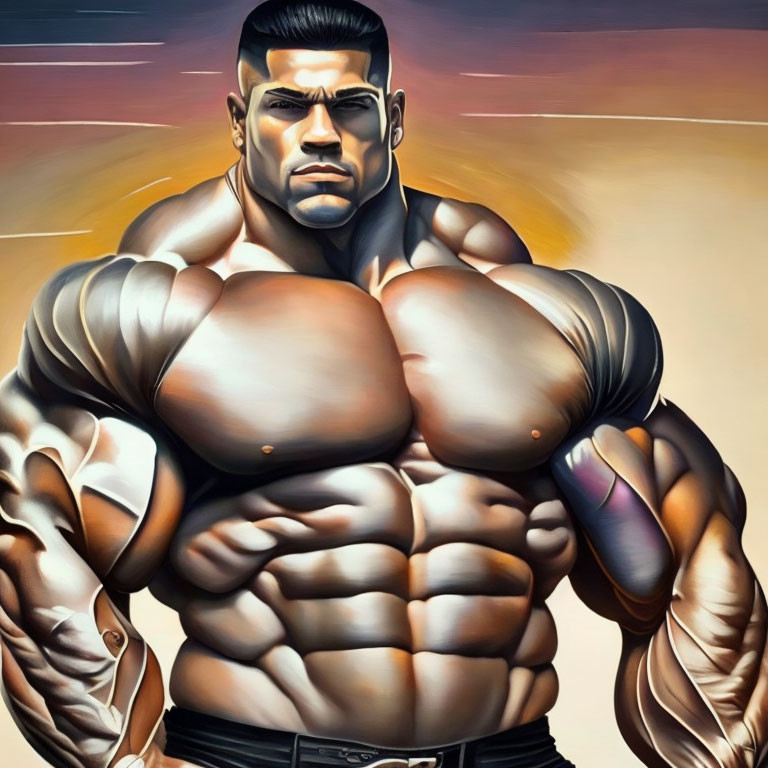 Muscular man illustration with serious expression and exaggerated musculature