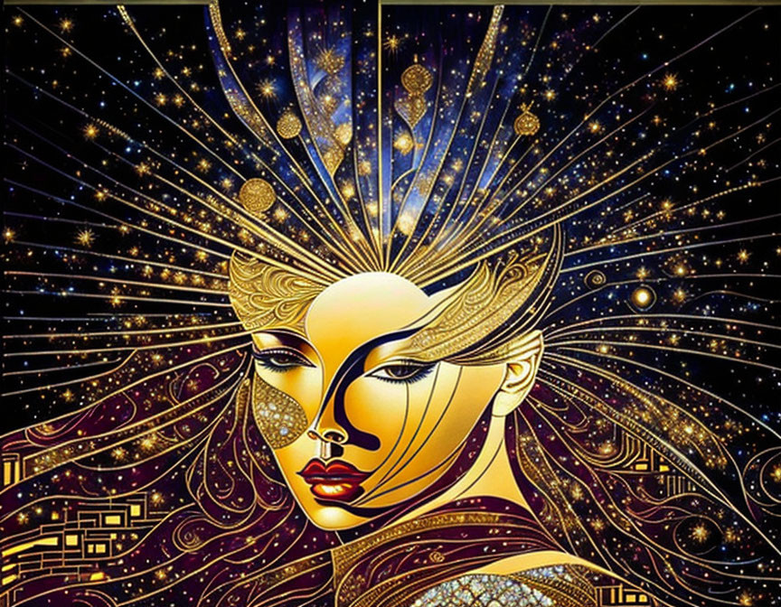 Stylized woman's face with golden accents in cosmic setting