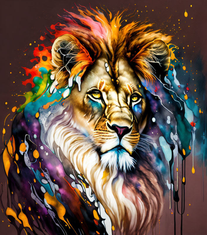 Colorful Lion Painting with Vibrant Mane on Dark Background