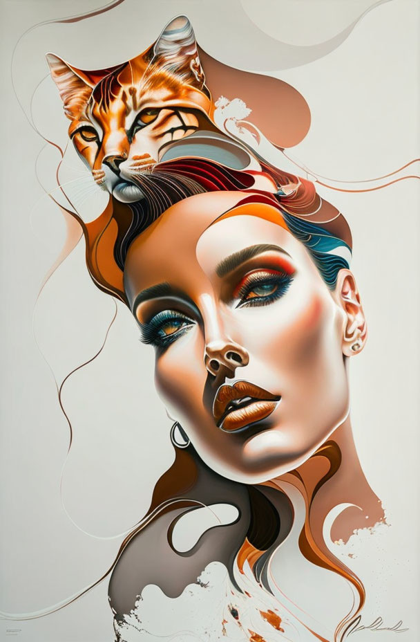 Woman's face with bold makeup and cat's face superimposed on forehead on neutral background