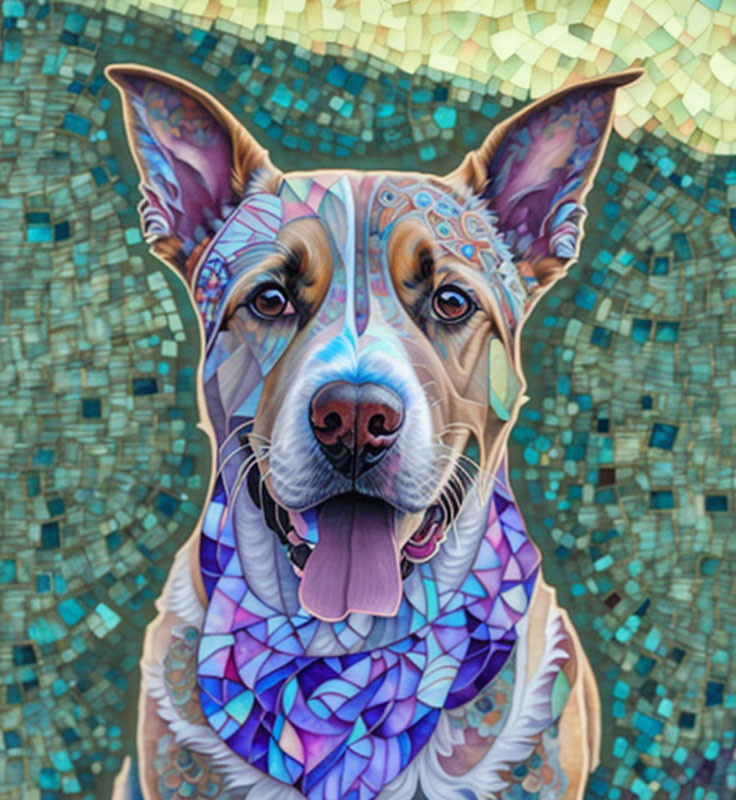 Colorful Stylized Digital Artwork: Dog with Mosaic Background