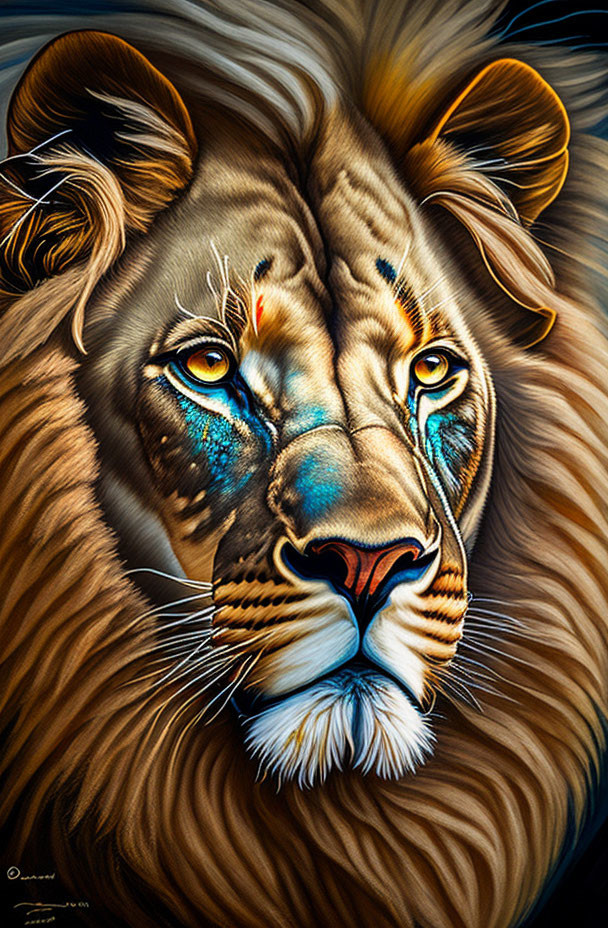 Vibrant lion face artwork with striking blue eyes and stylized features