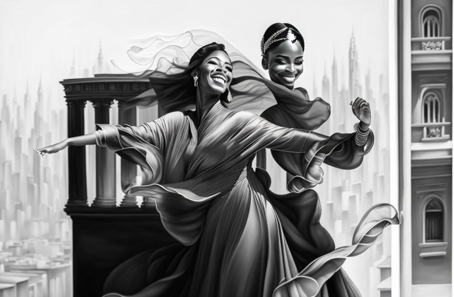 Two women dancing with flowing dress and headdress against city skyline. Black and white.