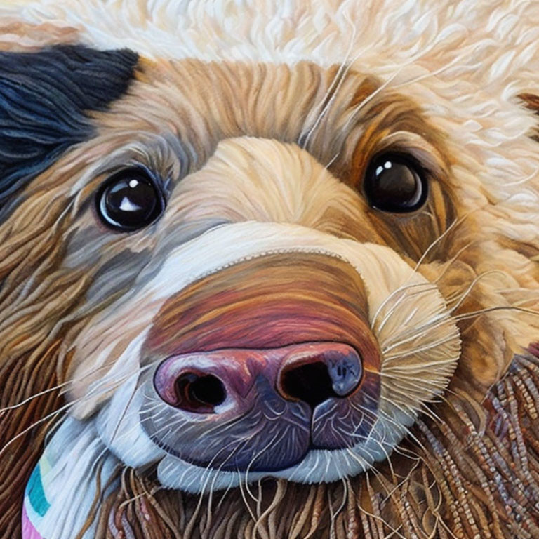 Detailed painting of a colorful dog with soulful eyes and multicolored fur