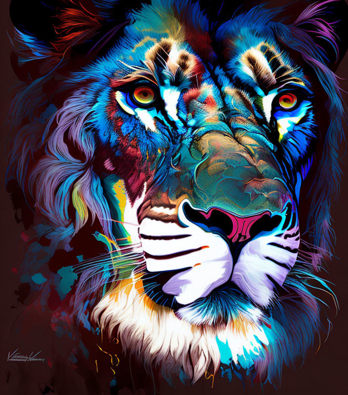 Colorful Tiger Face Digital Art with Blue, Purple, and Pink Palette