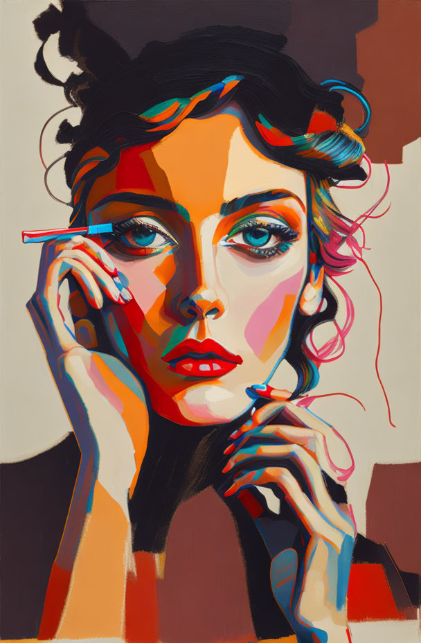 Vibrant abstract portrait of a woman with colorful stylized features