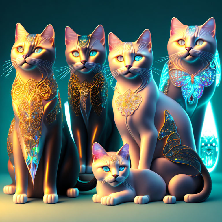 Four stylized glowing cats with intricate patterns on their bodies on a dark background.