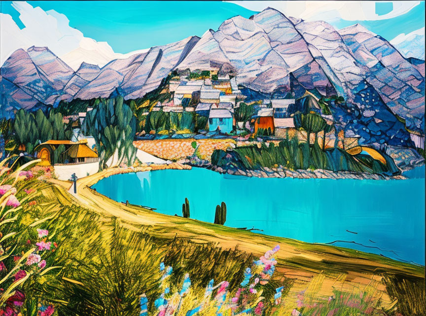 Colorful lakeside village painting with mountains, trees, and clear blue sky