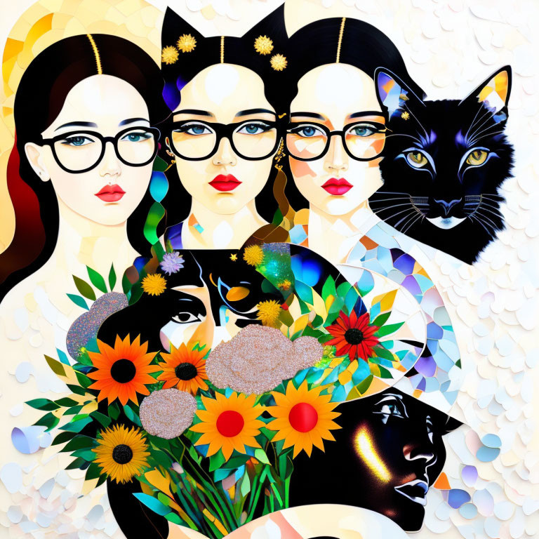 Stylized female faces with glasses, flowers, black cat, and mosaic background.