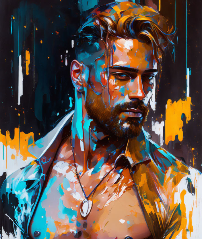 Vibrant abstract portrait of a bearded man with blue and orange hues