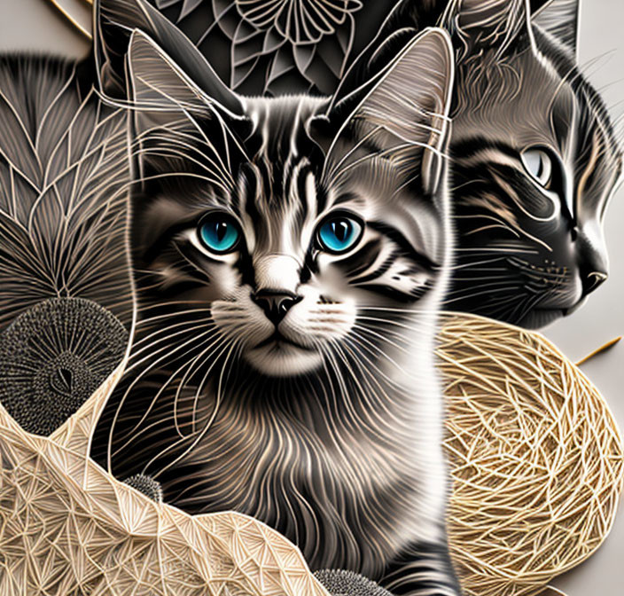 Two cats with intricate patterns and textures, one with striking blue eyes.