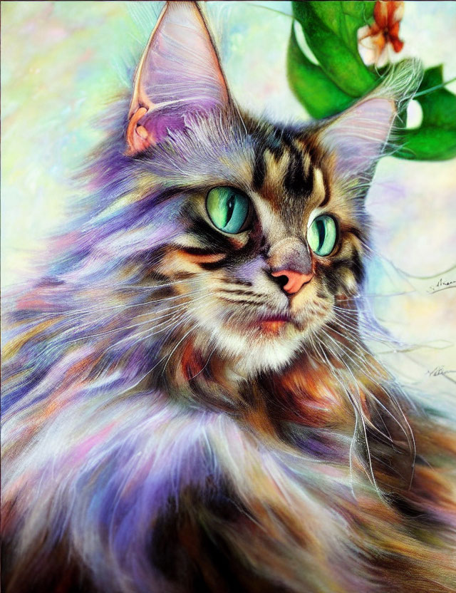 Vibrant long-furred cat with green eyes in purple, blue, and brown fur