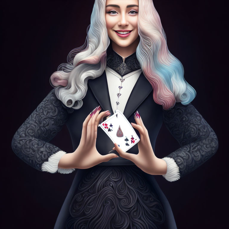 Smiling woman with two-toned hair holding playing cards in Victorian outfit