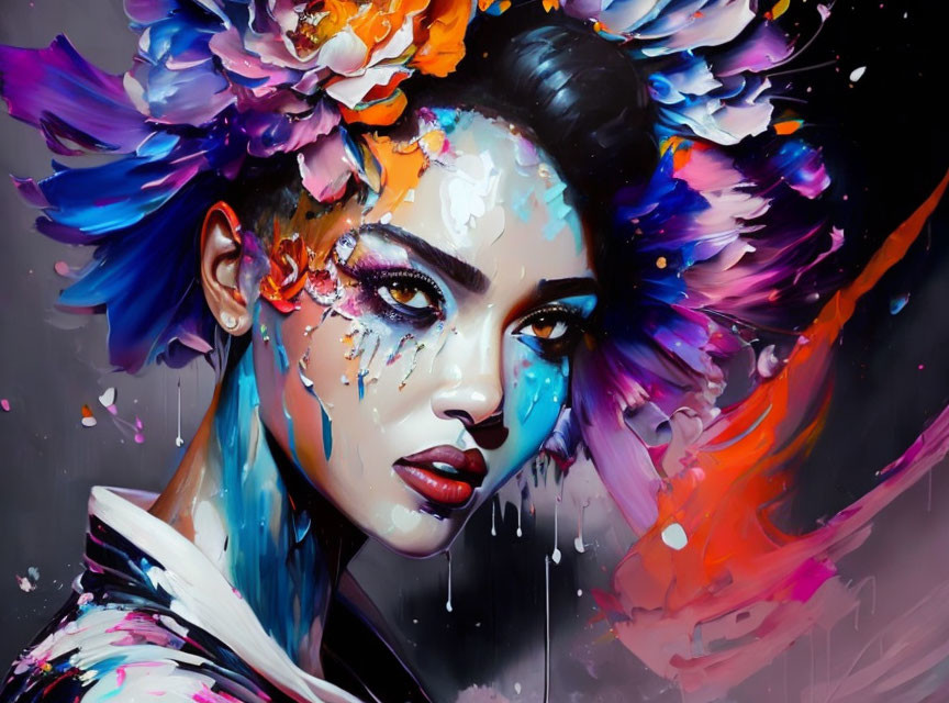 Colorful digital painting of woman with abstract floral crown and vibrant paint splashes.