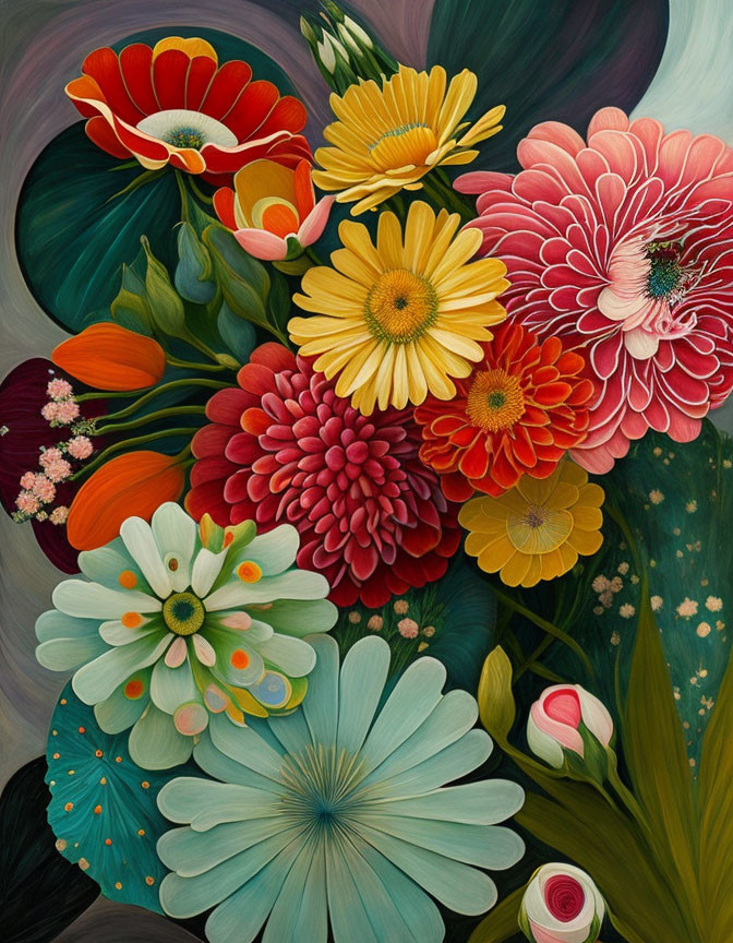 Colorful floral painting with rich textures and swirling backgrounds