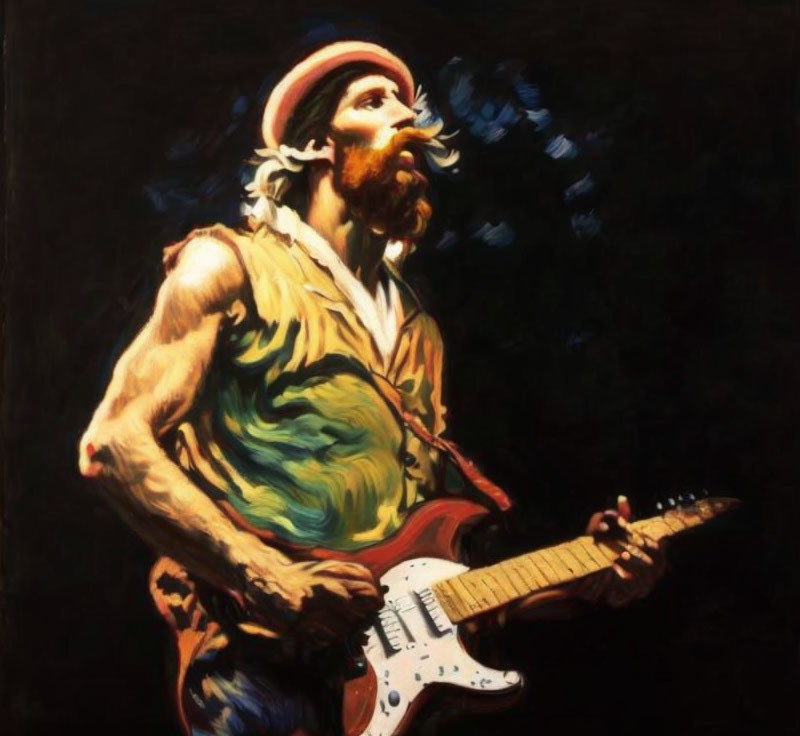 Stylized painting of musician playing electric guitar with dramatic lighting