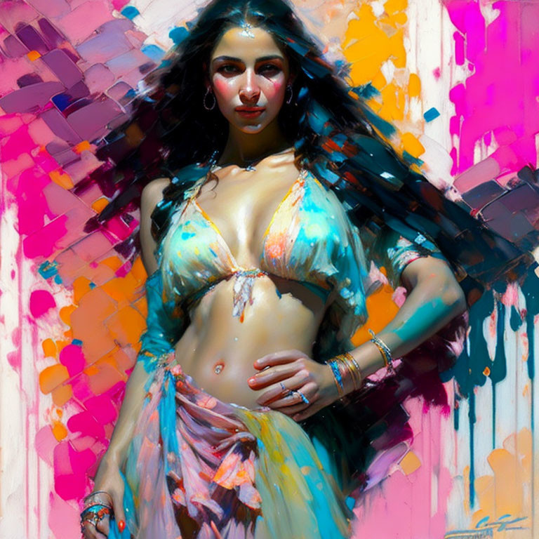 Colorful artwork: Woman in bikini top and skirt with vibrant, impressionistic background.