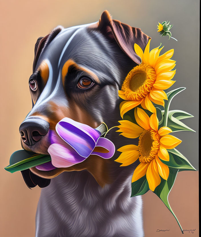 Glossy-coated dog with purple tulip and sunflowers on gradient background.