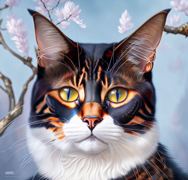 Hyper-realistic Cat Illustration with Orange-Yellow Eyes and Multicolored Fur against Pink Blossoms