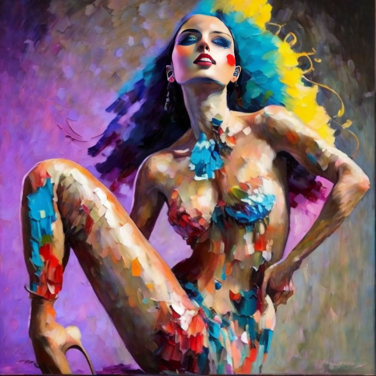 Colorful Abstract Painting of Stylized Seated Woman