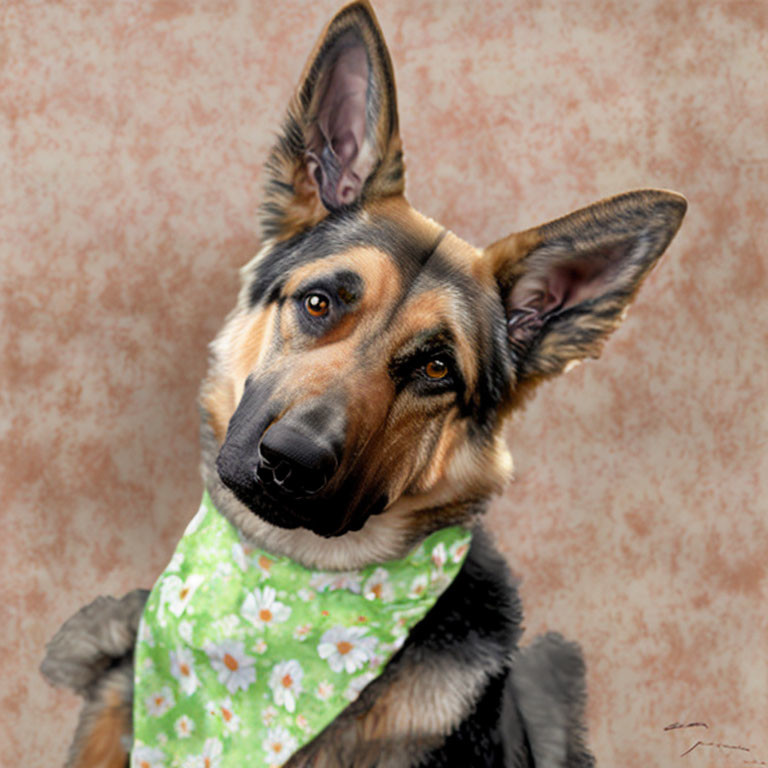 German Shepherd Dog Wearing Floral Bandana on Beige Background