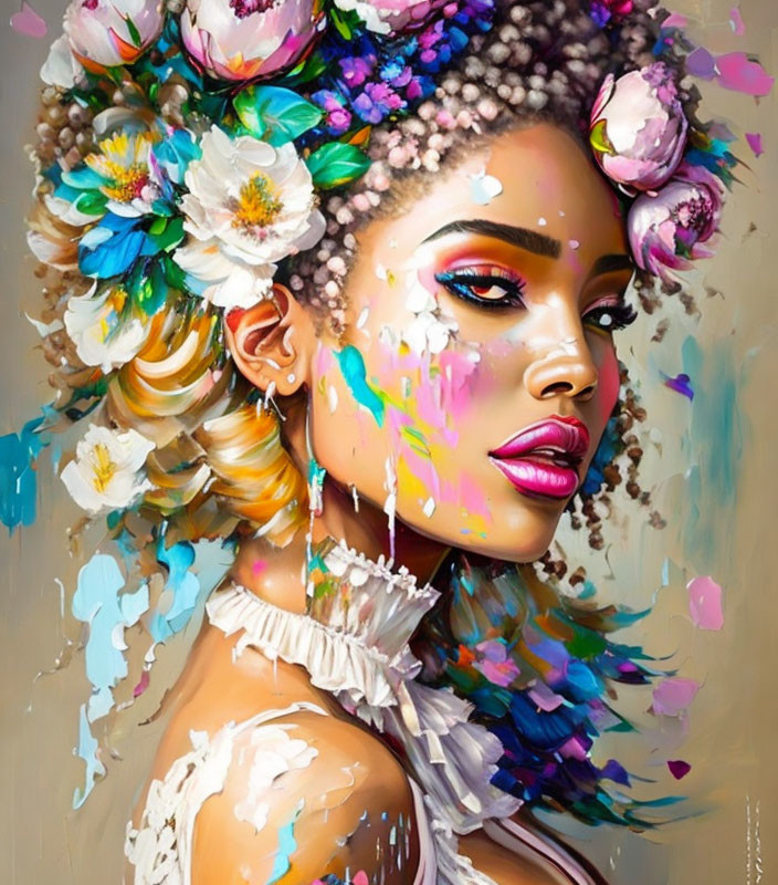 Colorful Woman Portrait with Floral Headdress and Paint Splashes