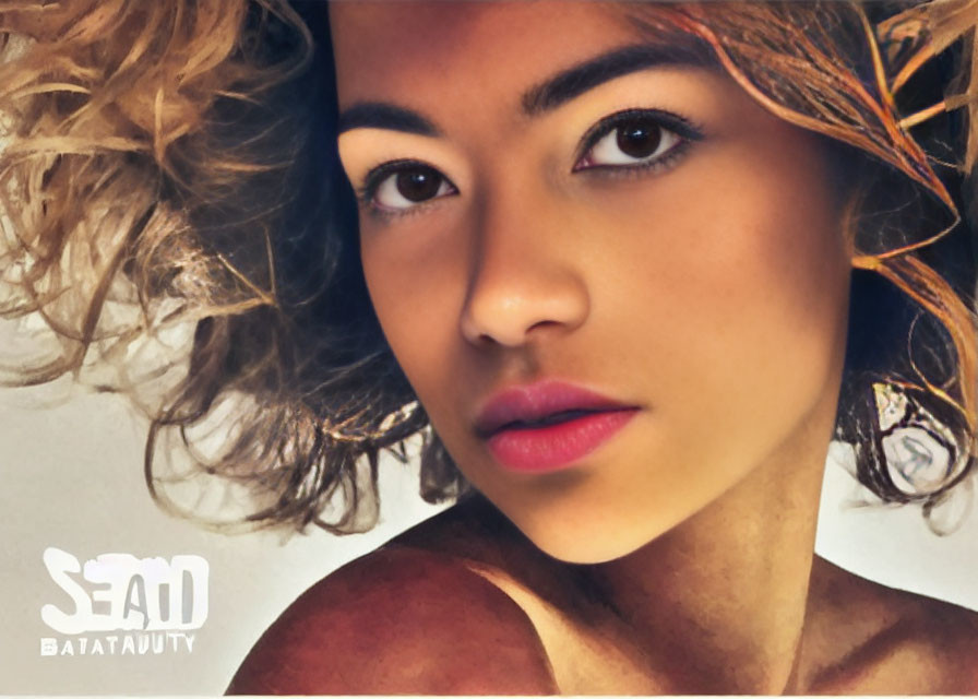 Confident woman with tousled hair and bold makeup gazing at the camera