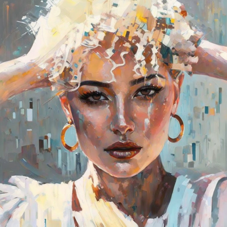 Abstract portrait of woman with fragmented headpiece in vivid blues and whites.