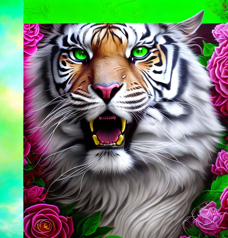 Detailed tiger face with pink roses on colorful backdrop