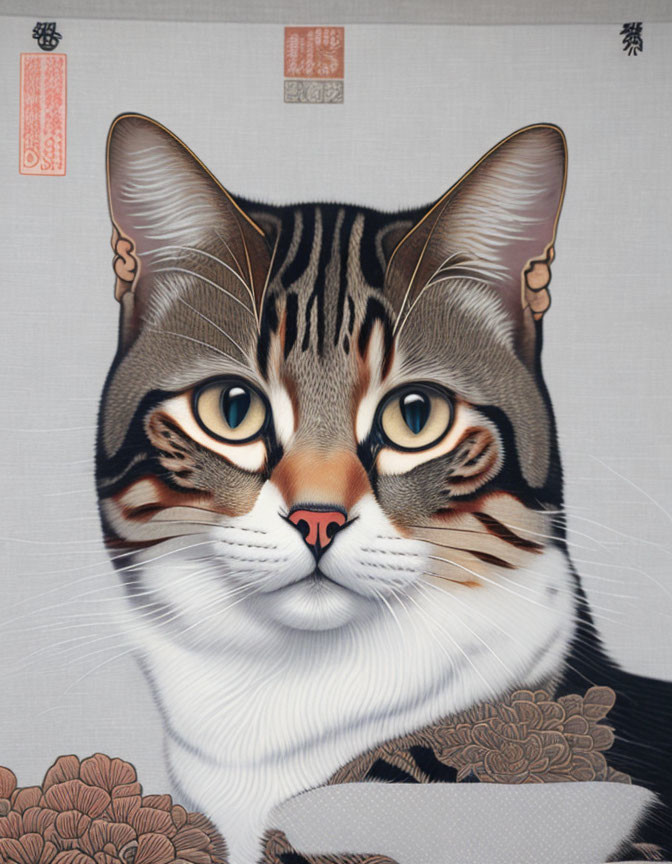 Detailed Cat Portrait with Floral Motifs & Oriental Seals