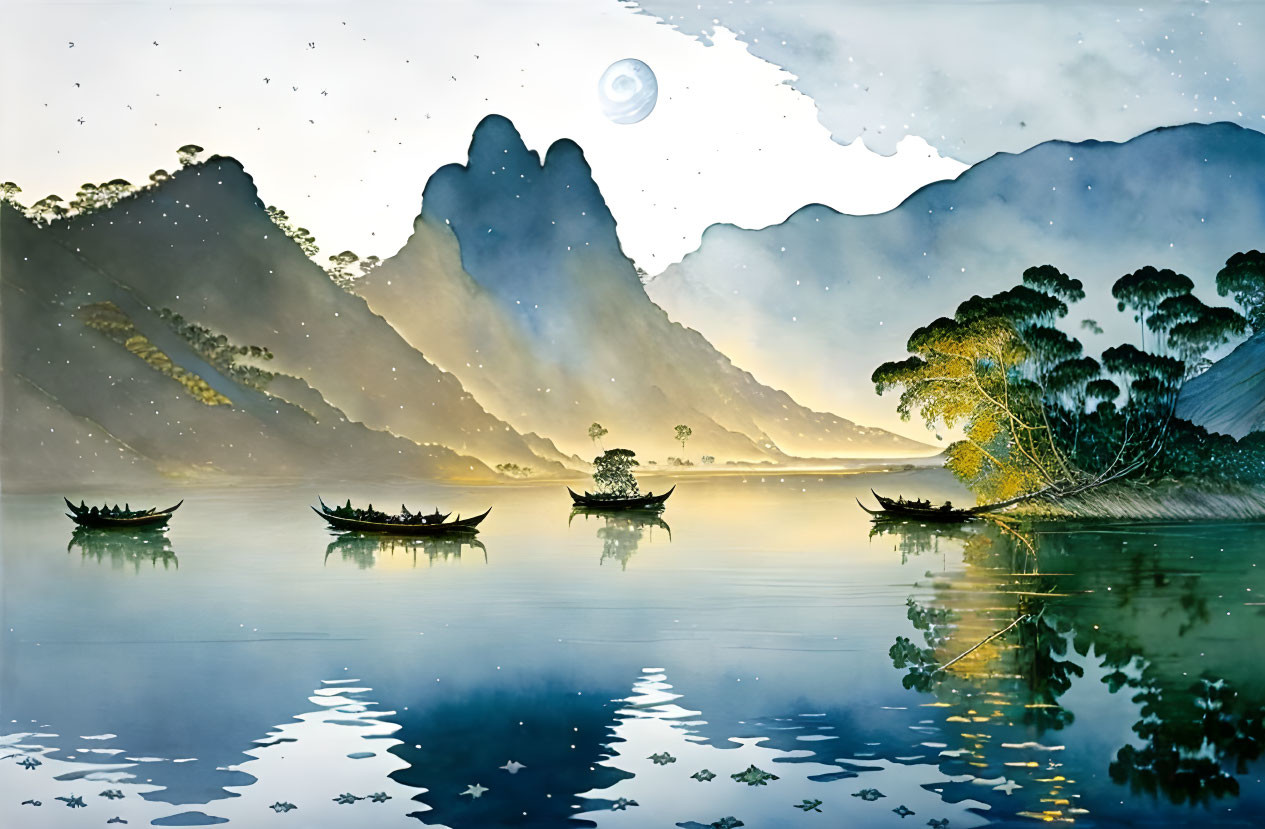 Moonlit mountain landscape with boats on calm water